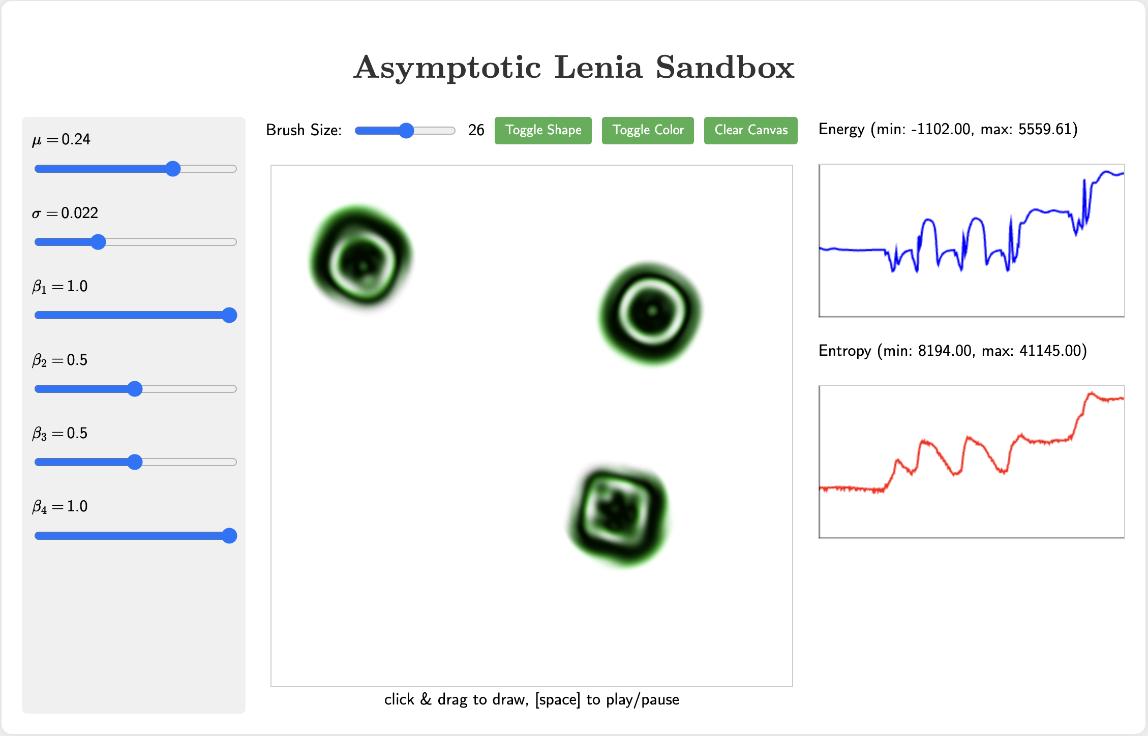 Asymptotic Lenia playground interface
